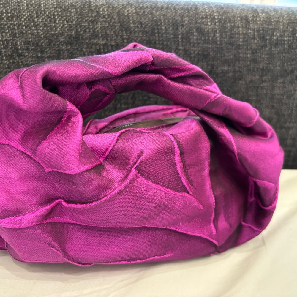 Dries Van Noten Leather-Trimmed twisted satin jacquard tote in fuscia. Authentic